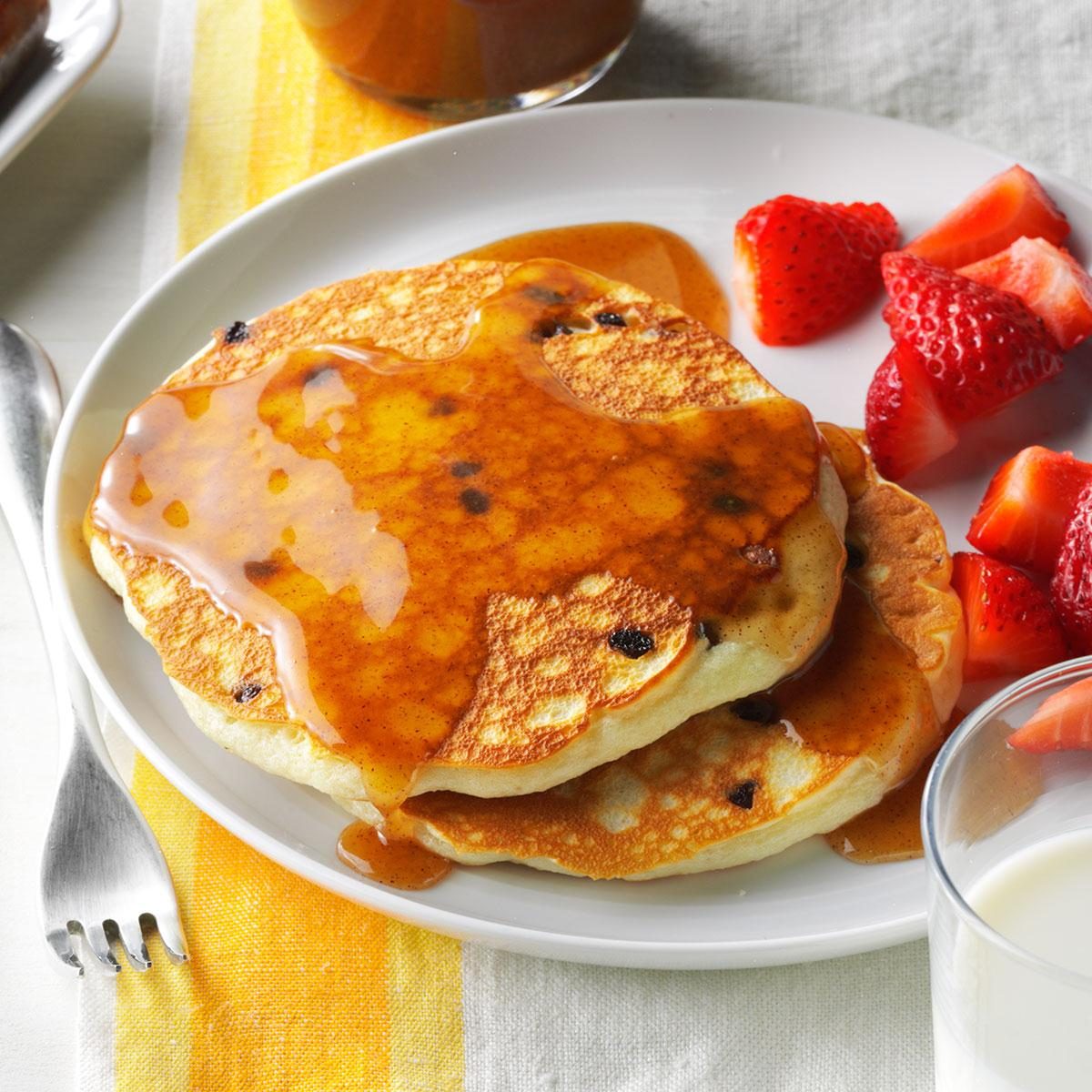 Chocolate Chip Pancakes with Cinnamon Honey Syrup