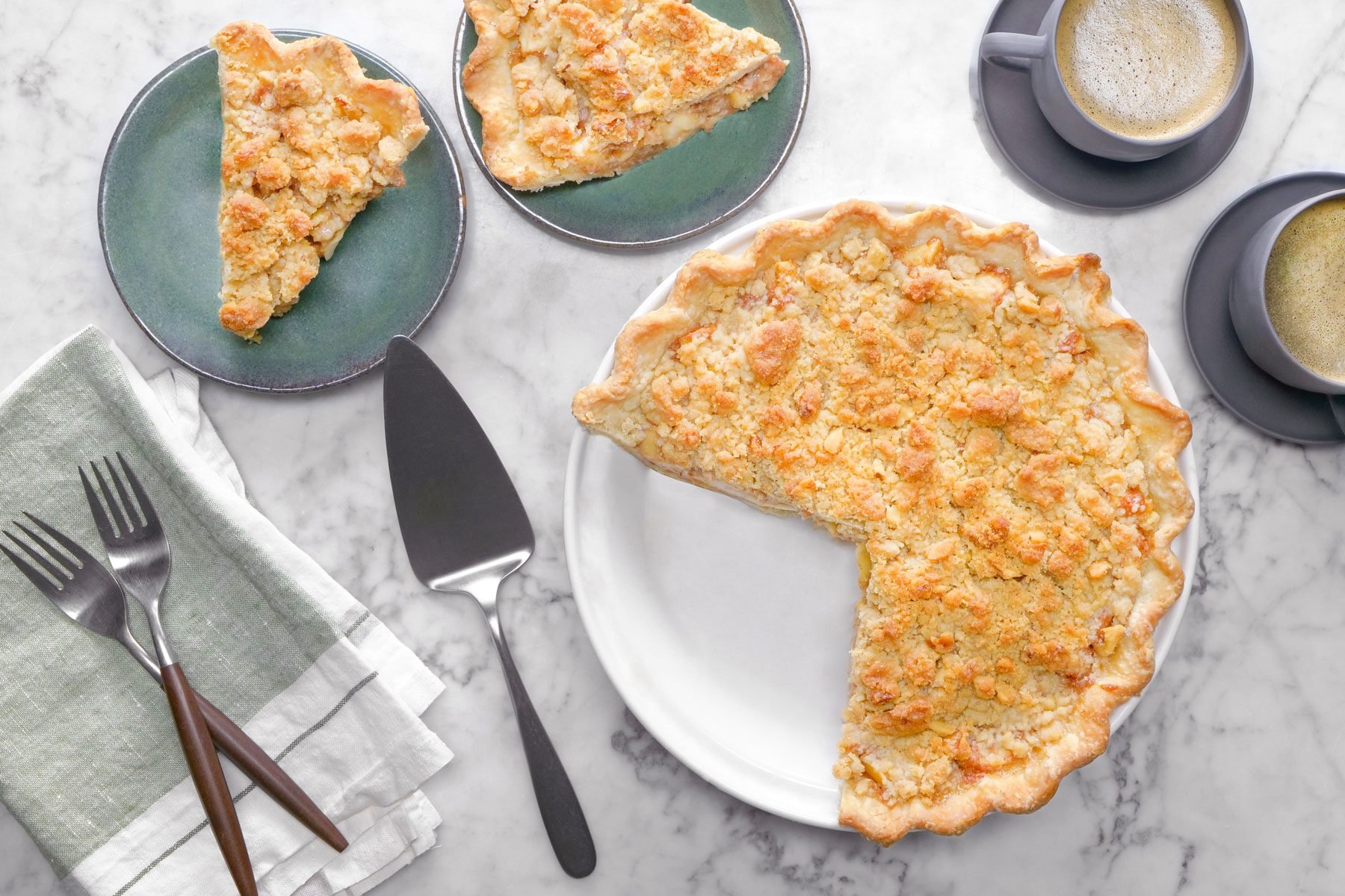 Caramel Apple Pie With Streusel Topping served in a plate