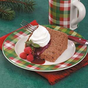 Chocolate Angel Food Cake with Raspberry Sauce