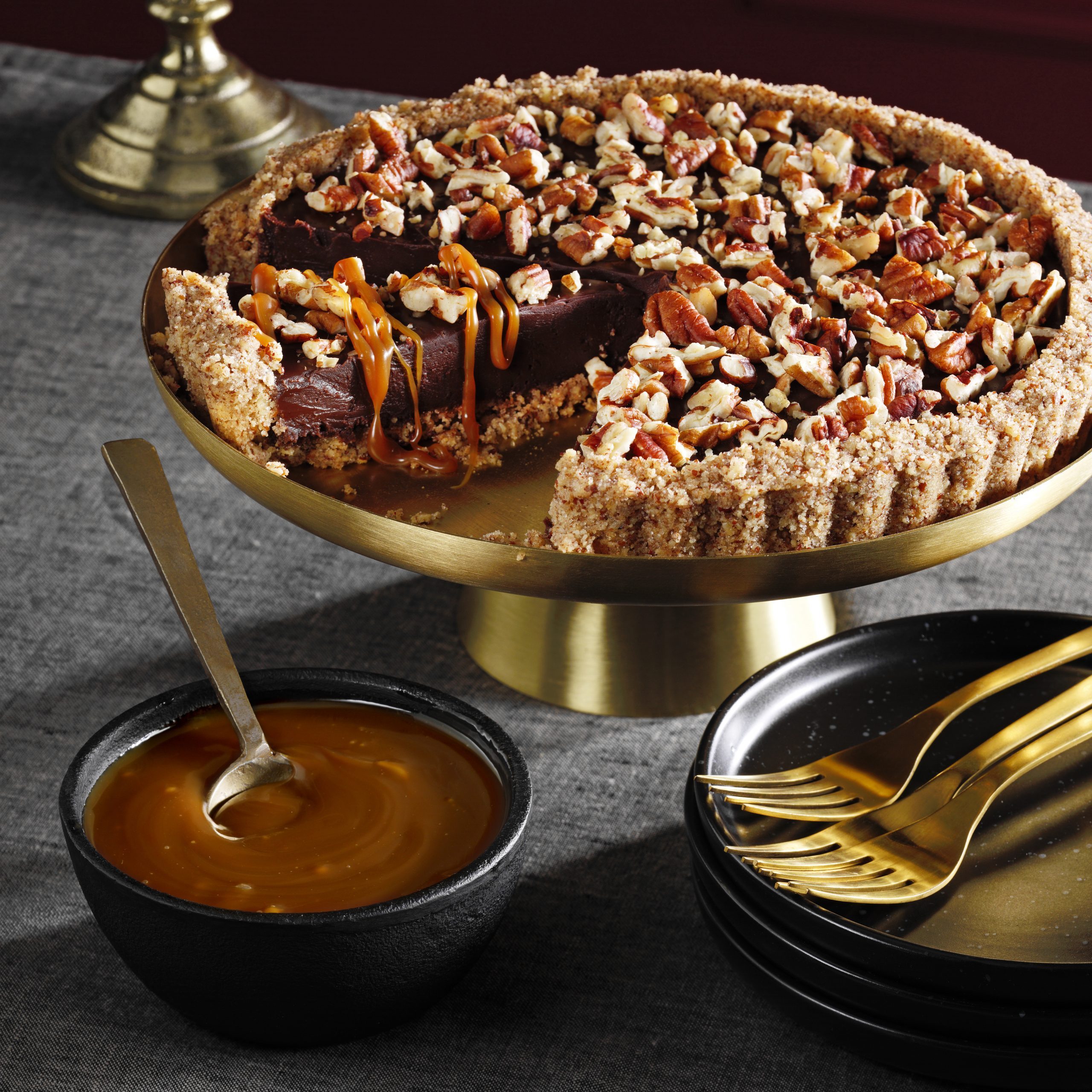 Taste Of Home's Turtle Tart With Caramel Sauce Recipe; Dessert