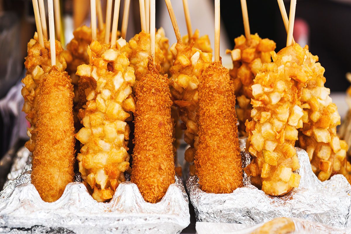 South Korean Breaded Corn Dogs in a street market