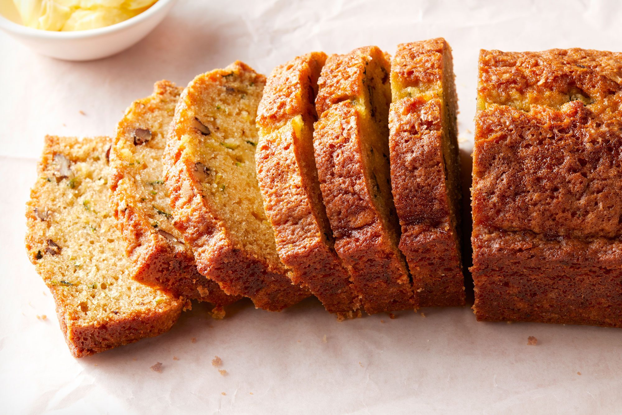 wide shot of pina colada zuchini bread slices