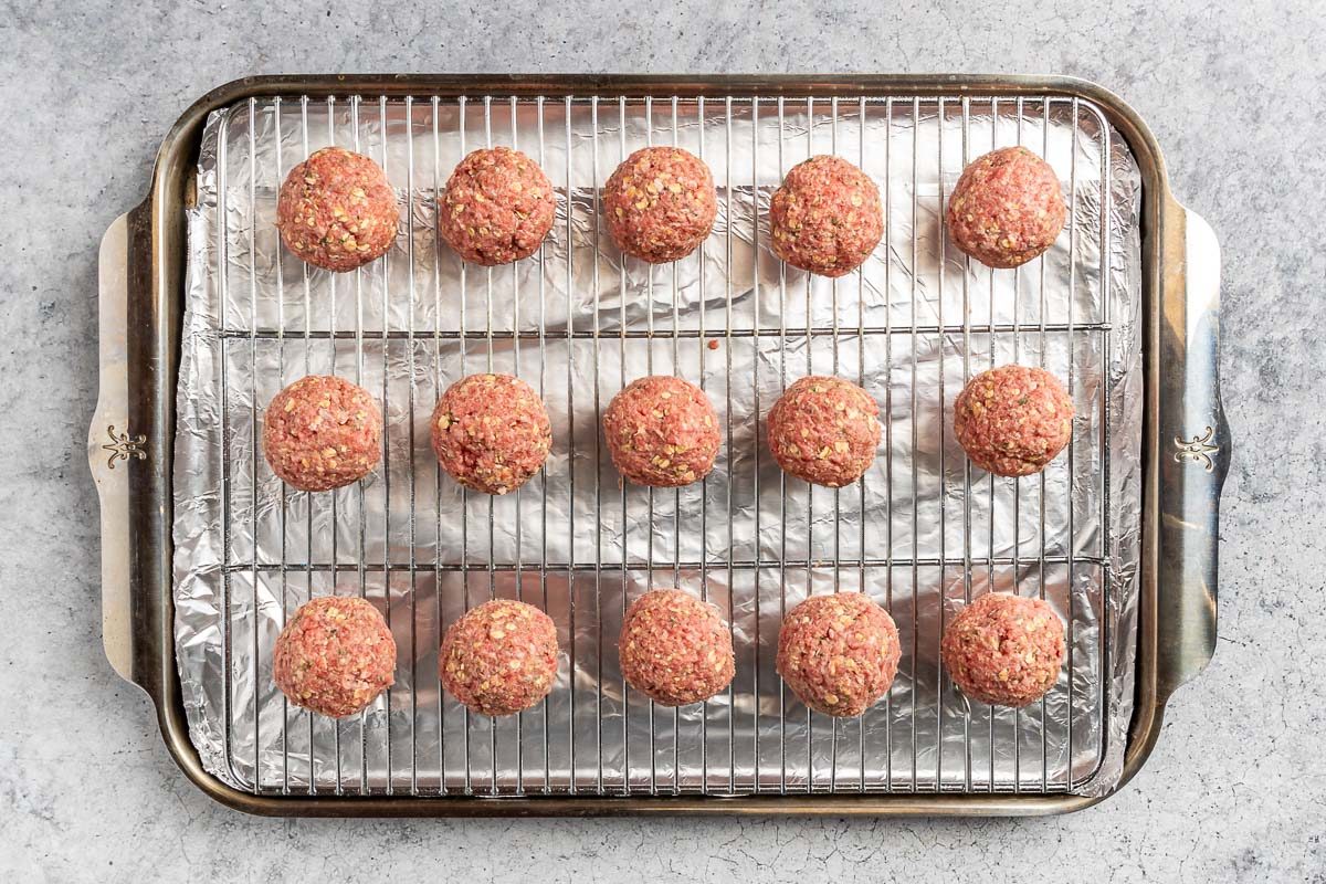 Taste of Home Gluten Free Meatballs recipe photo of the formed meatballs on the rack.