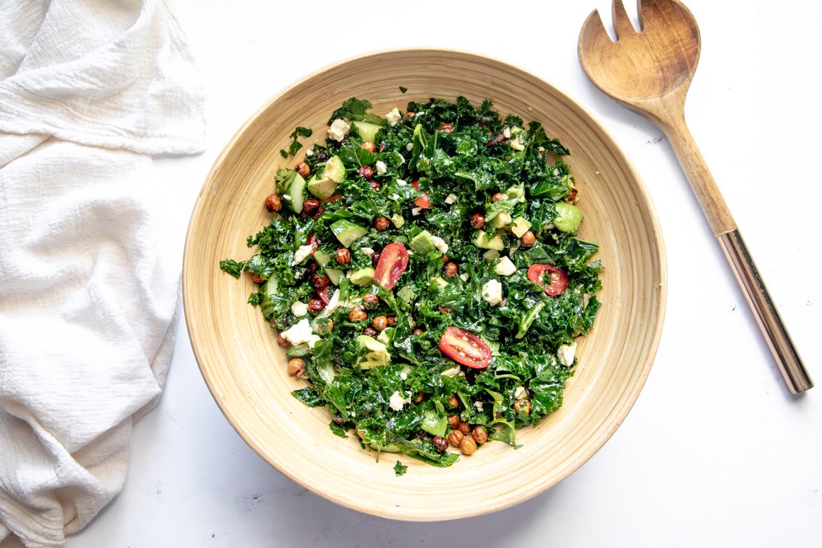 Overhead shot for Taste of Home Roasted Chickpea Salad with all ingredients in a large salad bowl after being mixed.