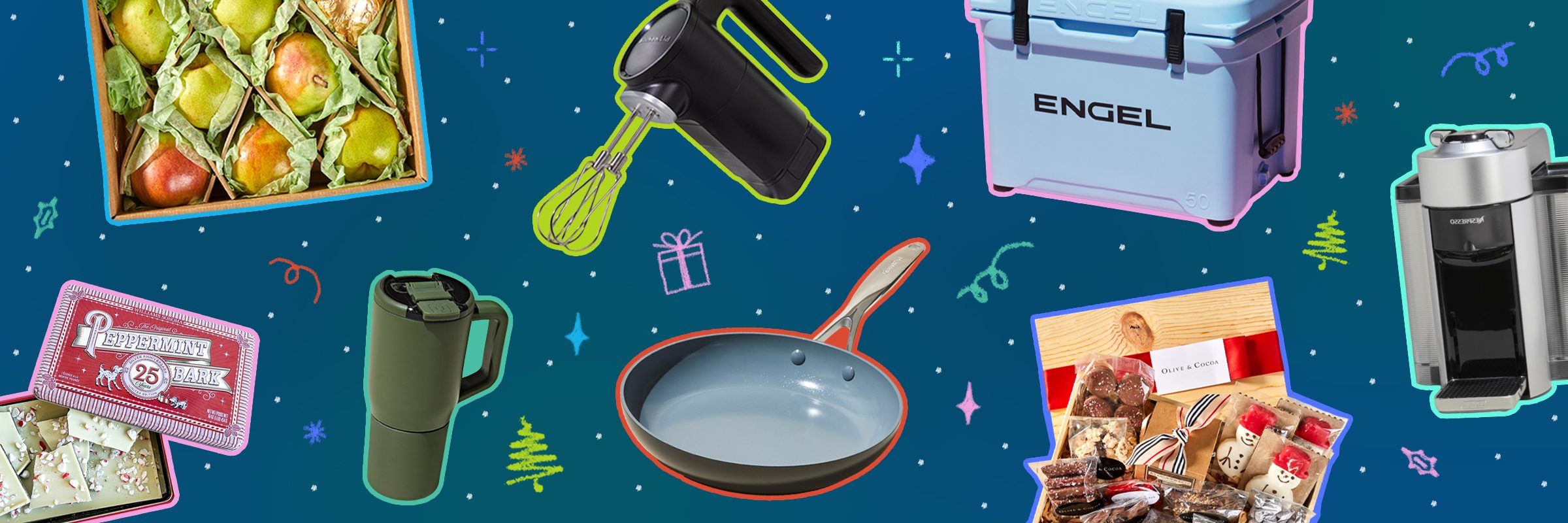 The Best Gift Ideas 2024 Winter Holiday Colourful collage of Seasonal products with doodles and snow