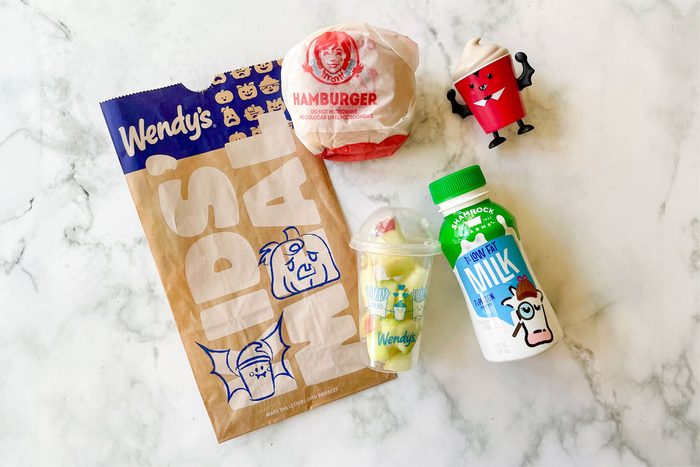 Wendy's Kids Meal items arranged on marble kitchen counter