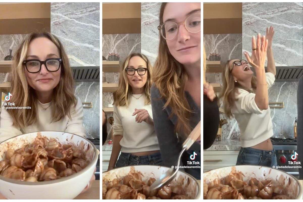 Three screenshots of a TikTok about making chocolate pasta: woman holding a finished bowl of the pasta, another woman tasting it, and the first woman making a happy hand motion
