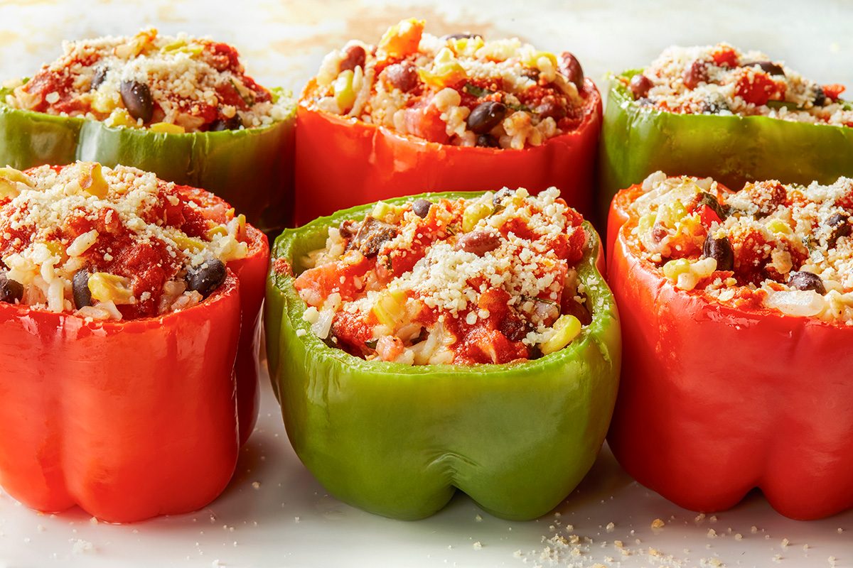 Horizontal AP; shot of of Vegetarian Stuffed Peppers arranged on a white plate