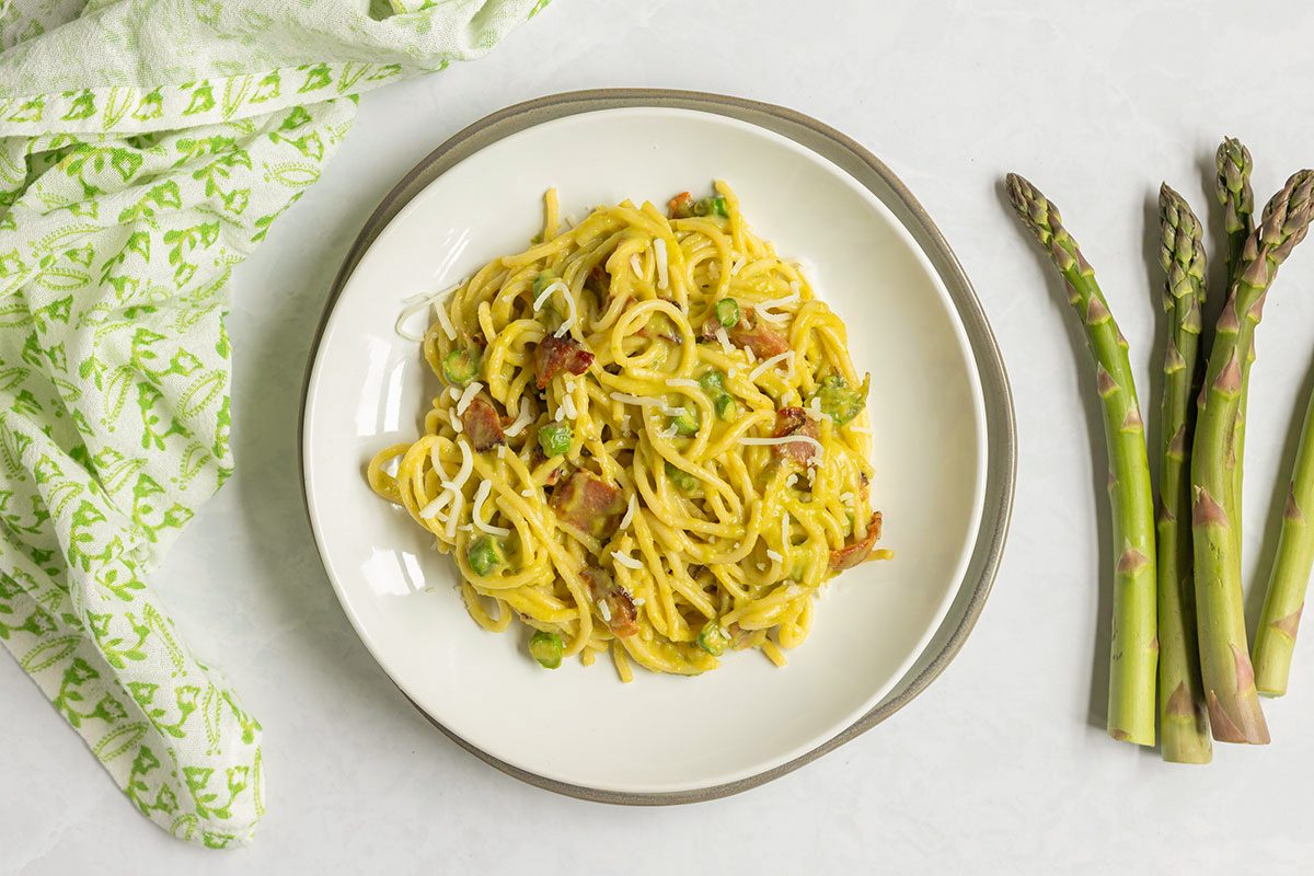 Asparagus Carbonara Asparagus Carbonara served in a plate